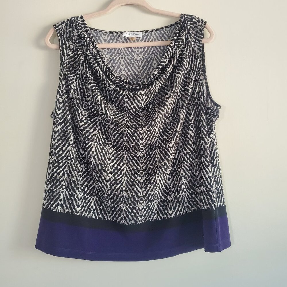 Calvin Klein Women's Printed Top Large Sleeveless Cowl Neck Business Casual Work